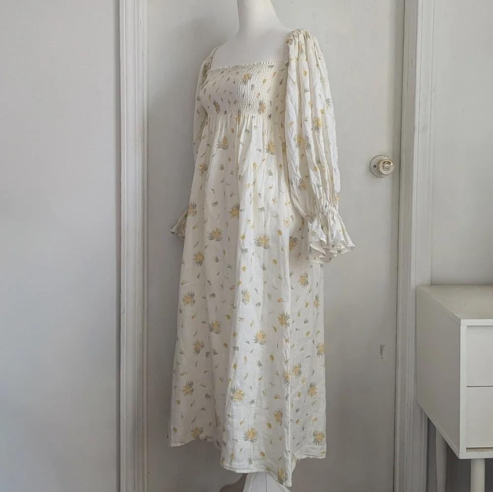 Sleeper Atlanta Smocked Linen Midi Dress Cottagecore Mimosa Size M - Picture 3 of 11